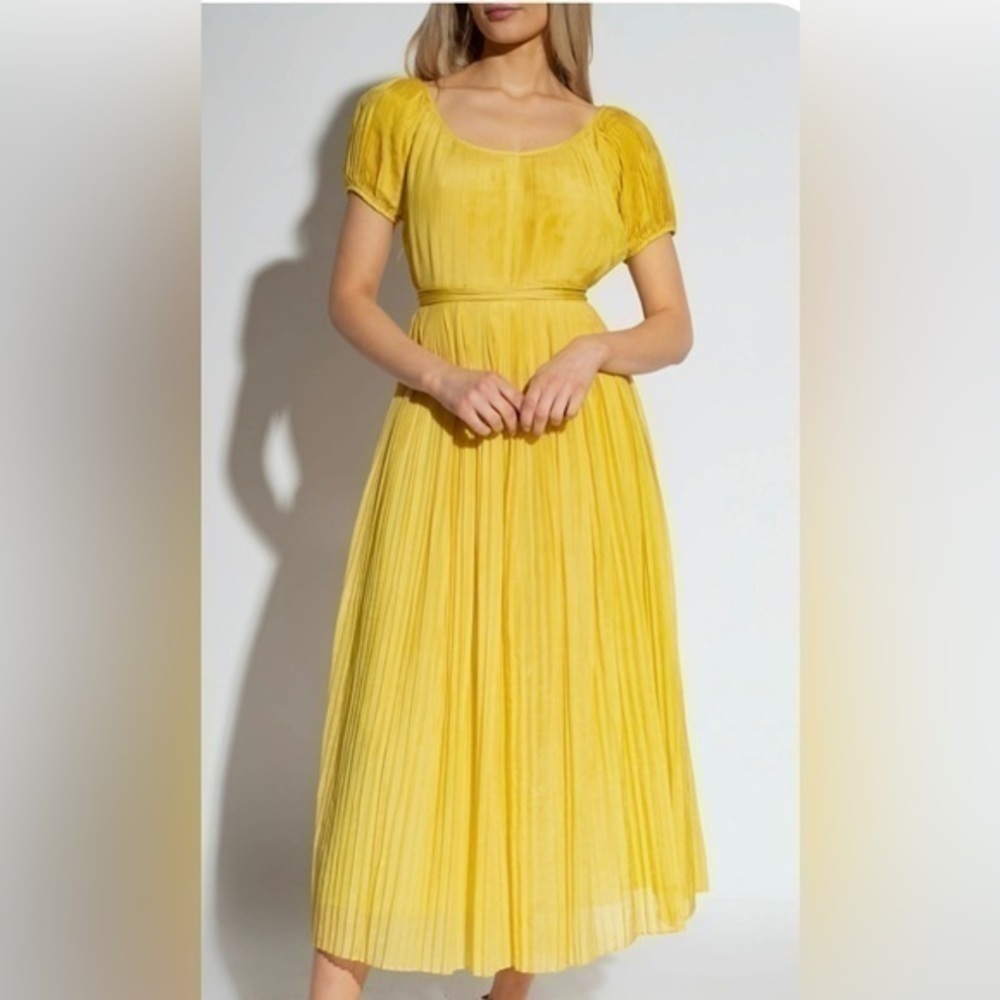TORY BURCH Silk Blend Pleated Midi Yellow Belted Lightweight Summer Dress